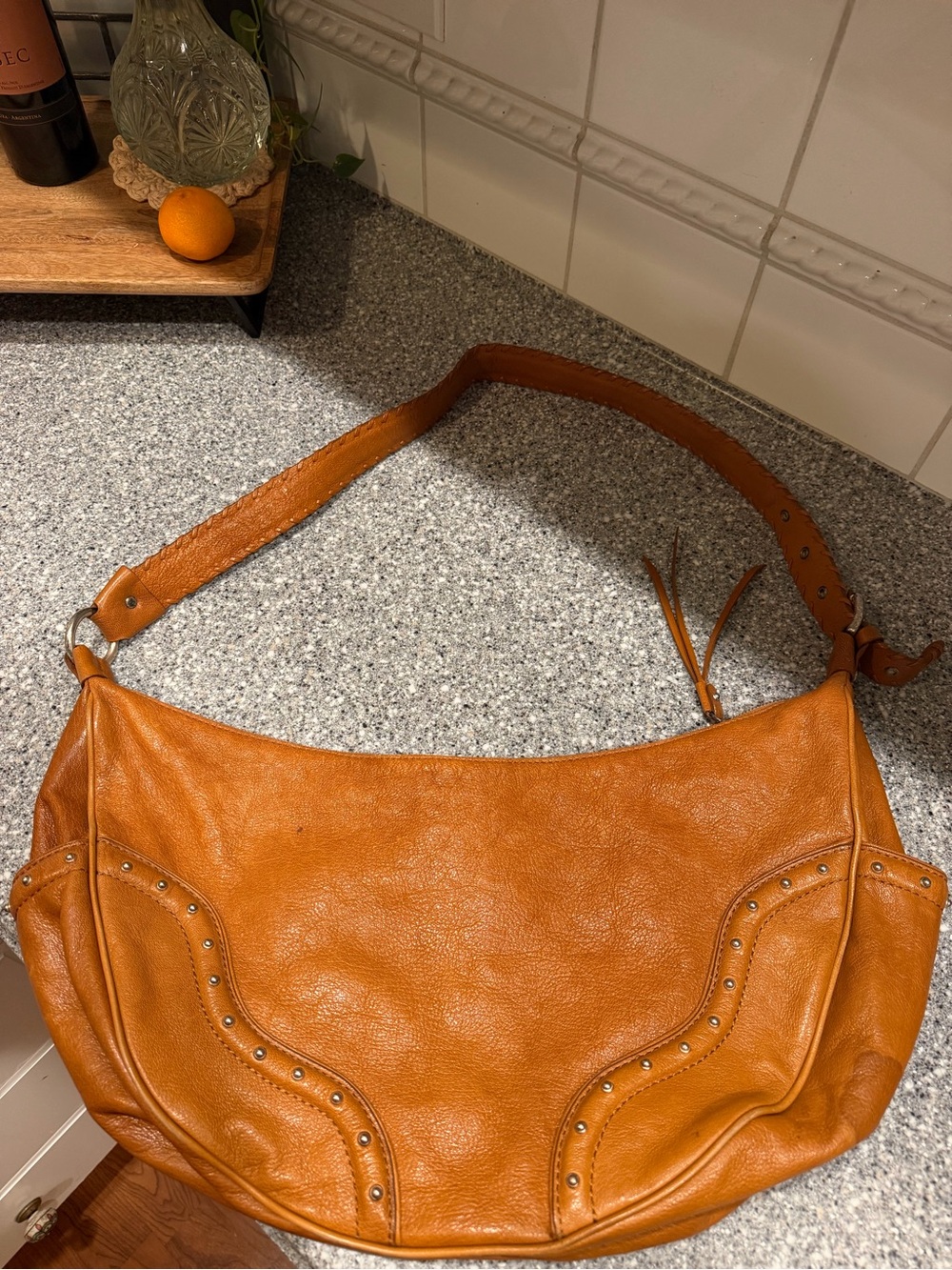 Michael Kors Acorn Tan Brown Leather Studded Large Hobo Shoulder Bag